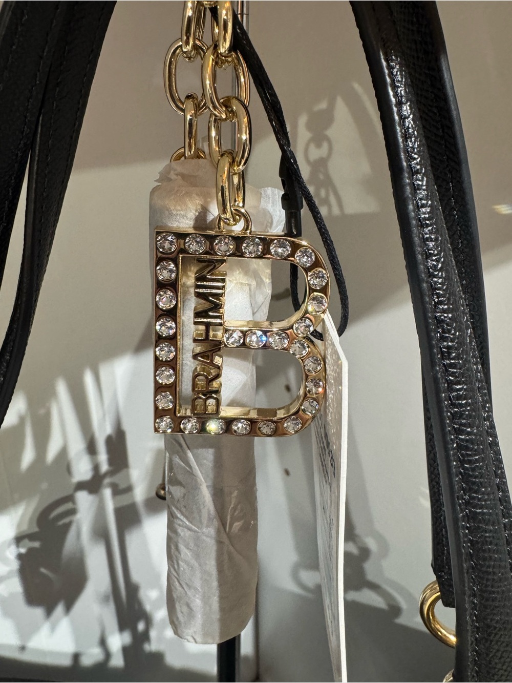 Brahmin Black Leather Shoulder Bag with Gold Crystal 'B' Charm